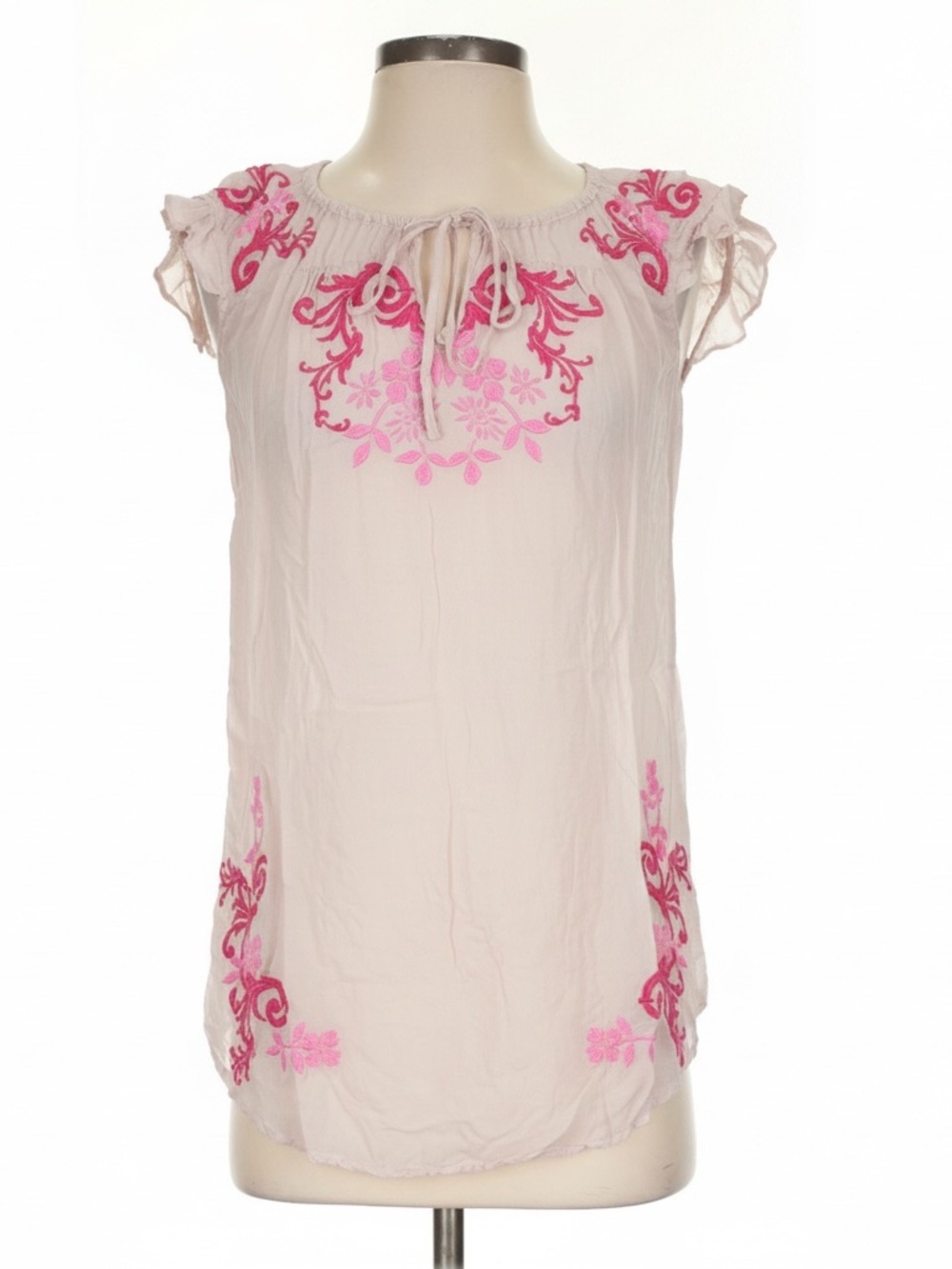 Johnny Was Light Pink Embroidered Cap Sleeve Peasant Blouse BOHO Top XS